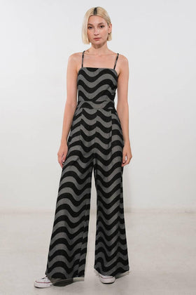 Flying Tomato 1228 Black Square-Neck Printed Jumpsuit