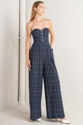 Flying Tomato 1907 Navy Multi Strapless Printed Jumpsuit
