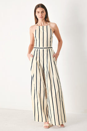 Flying Tomato 2168 Cream/Navy Halter Printed Jumpsuit
