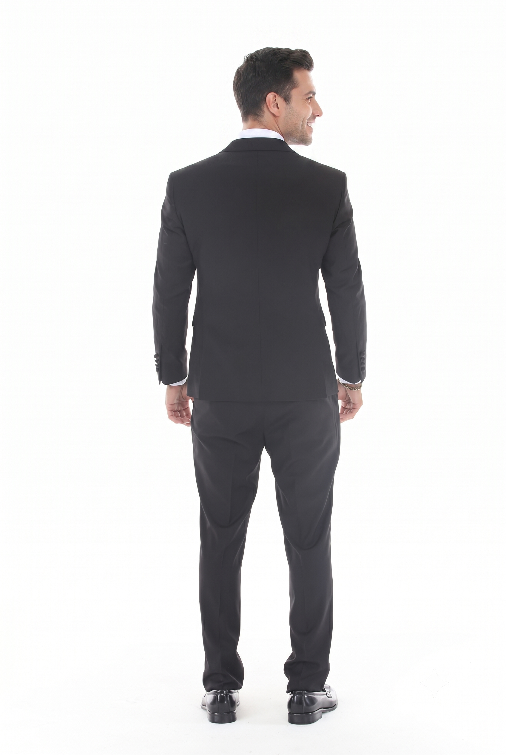 Black 3-Piece Peak Lapel Tuxedo Suit with Double Breasted Vest and Expandable Pants Slim Fit