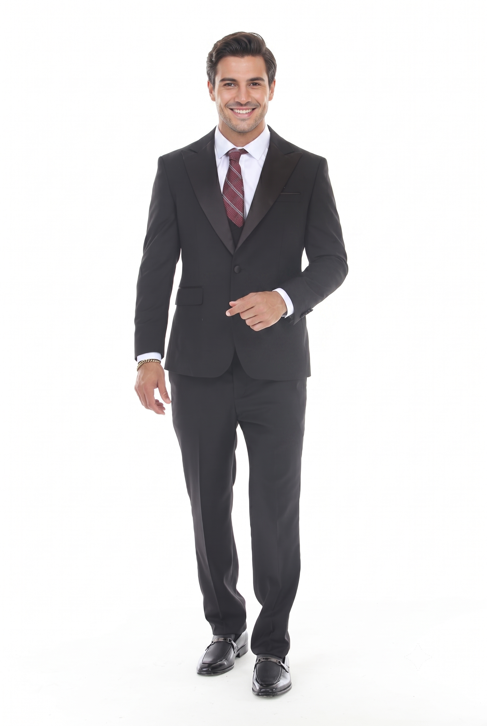 Black 3-Piece Peak Lapel Tuxedo Suit with Double Breasted Vest and Expandable Pants Slim Fit