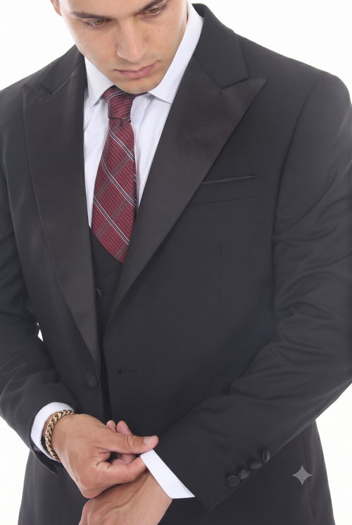 Black 3-Piece Peak Lapel Tuxedo Suit with Double Breasted Vest and Expandable Pants Slim Fit