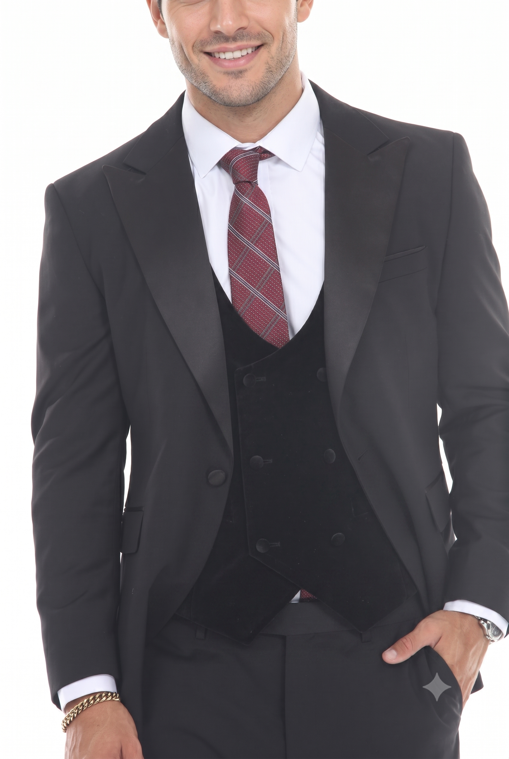 Black 3-Piece Peak Lapel Tuxedo Suit with Double Breasted Vest and Expandable Pants Slim Fit