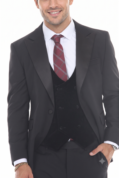 Black 3-Piece Peak Lapel Tuxedo Suit with Double Breasted Vest and Expandable Pants Slim Fit