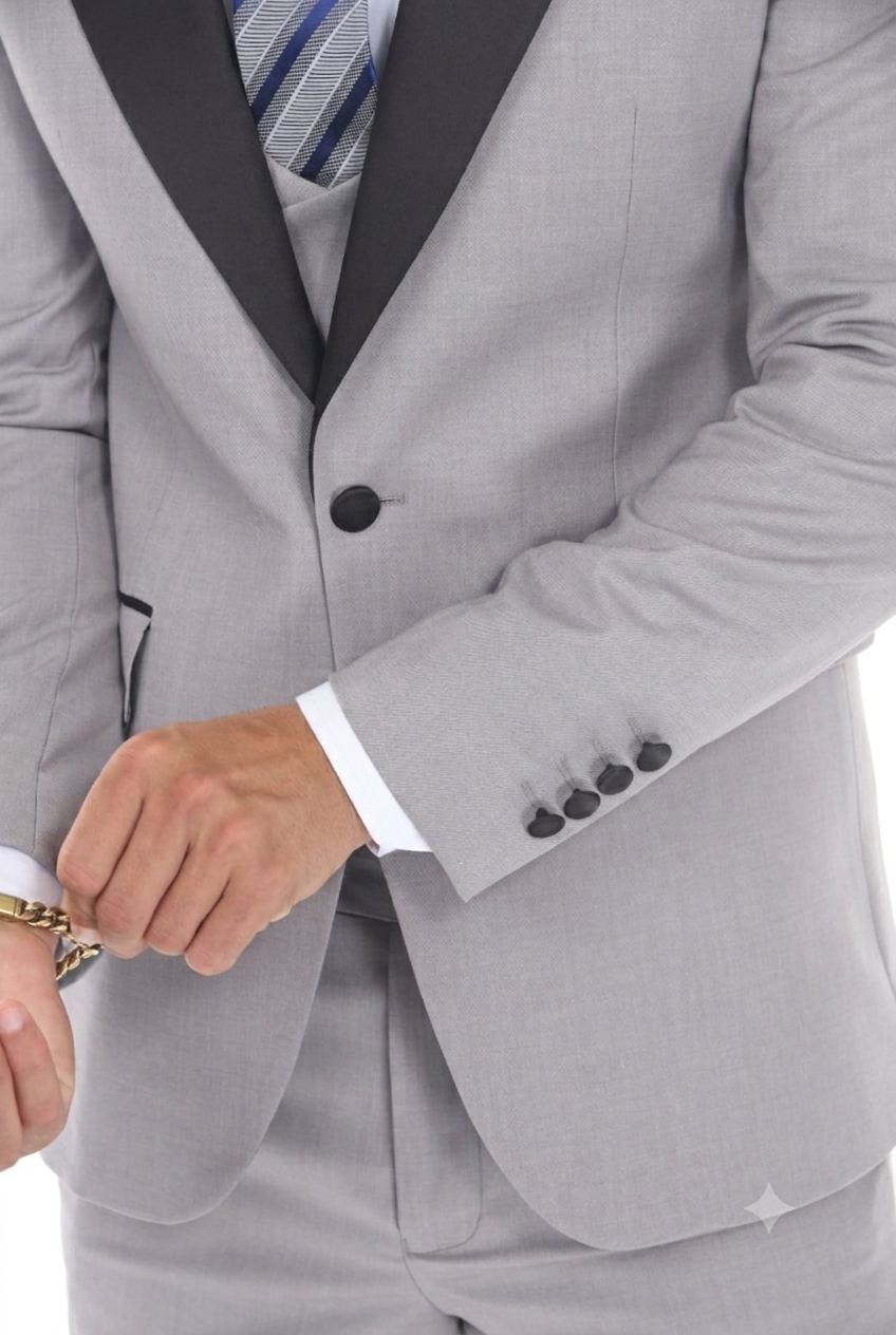 Light Gray 3-Piece Peak Lapel Tuxedo Suit with Double Breasted Vest and Expandable Pants Slim Fit