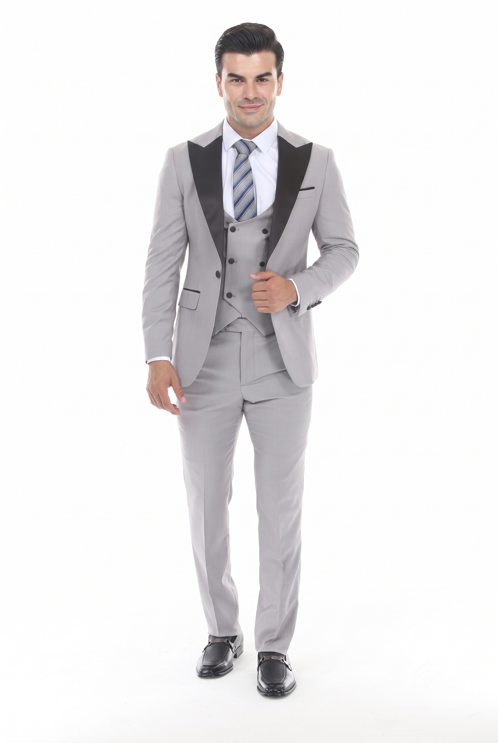 Light Gray 3-Piece Peak Lapel Tuxedo Suit with Double Breasted Vest and Expandable Pants Slim Fit