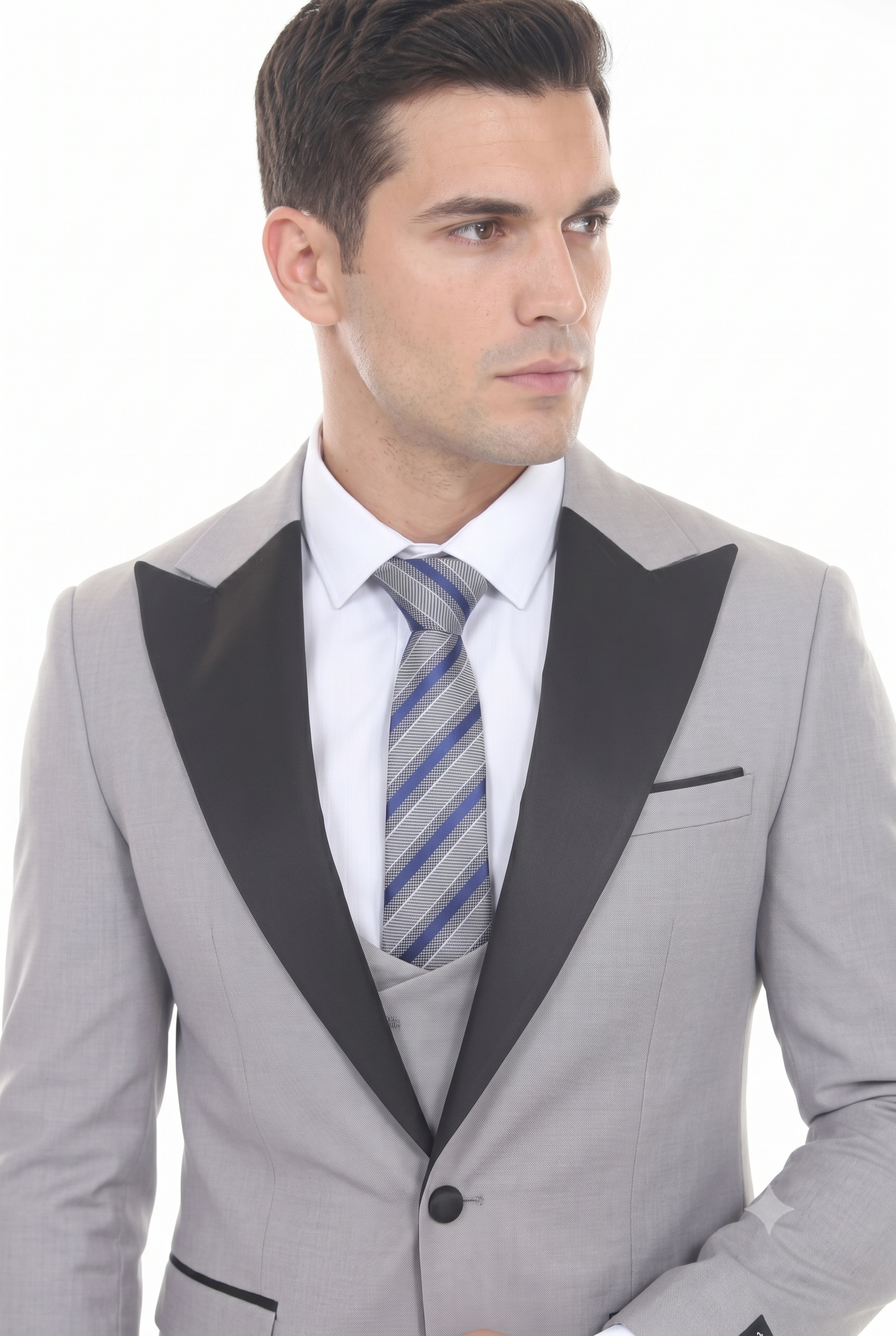 Light Gray 3-Piece Peak Lapel Tuxedo Suit with Double Breasted Vest and Expandable Pants Slim Fit