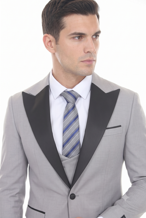 Light Gray 3-Piece Peak Lapel Tuxedo Suit with Double Breasted Vest and Expandable Pants Slim Fit