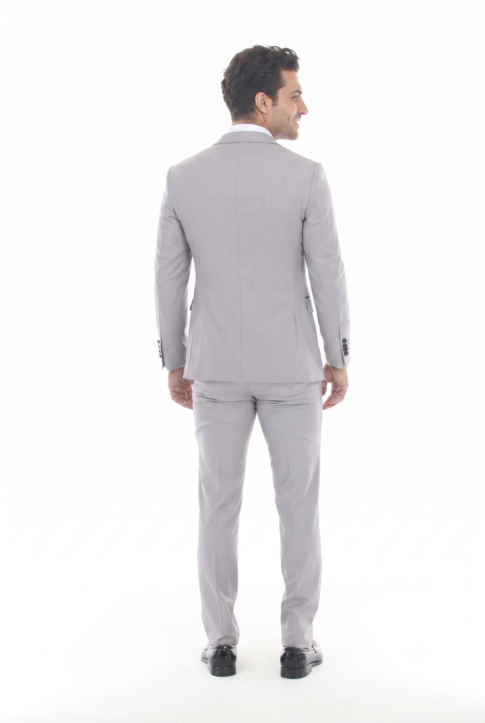 Light Gray 3-Piece Peak Lapel Tuxedo Suit with Double Breasted Vest and Expandable Pants Slim Fit
