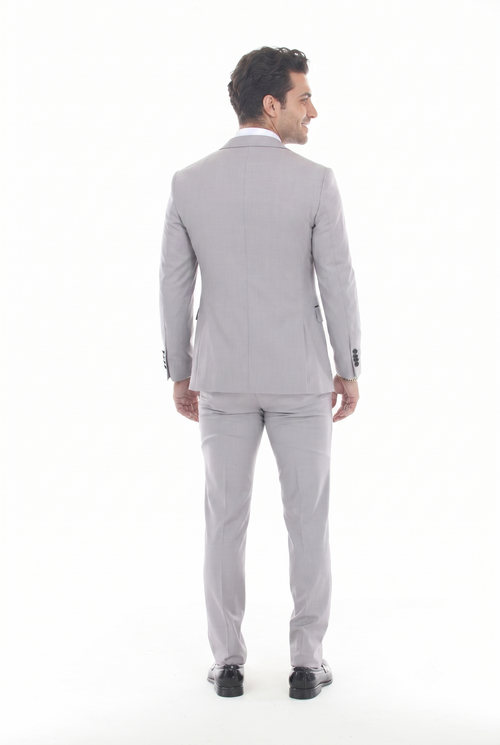 Light Gray 3-Piece Peak Lapel Tuxedo Suit with Double Breasted Vest and Expandable Pants Slim Fit