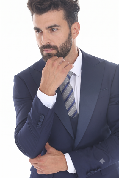 Navy 3-Piece Peak Lapel Tuxedo Suit with Double Breasted Vest and Expandable Pants Slim Fit