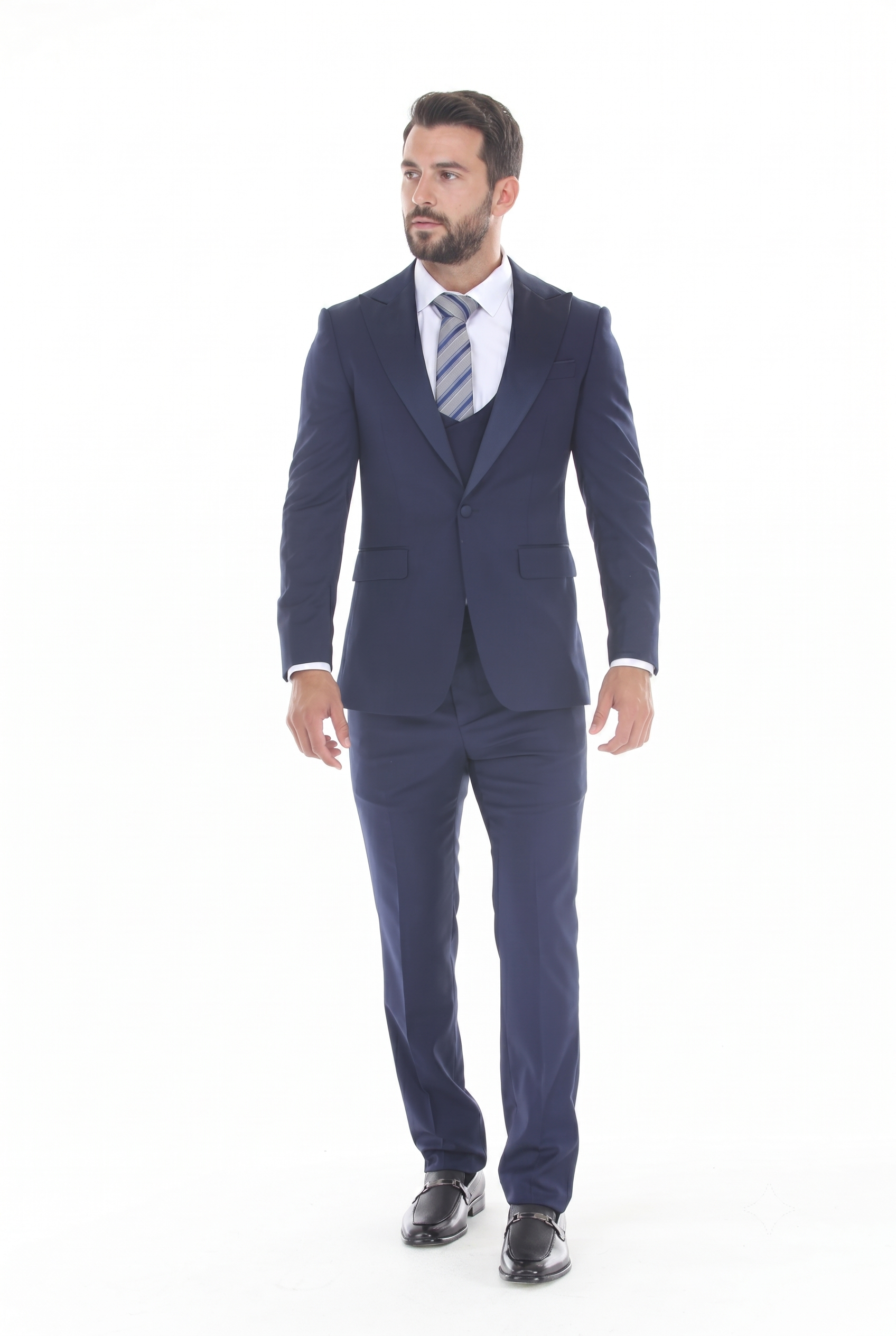 Navy 3-Piece Peak Lapel Tuxedo Suit with Double Breasted Vest and Expandable Pants Slim Fit