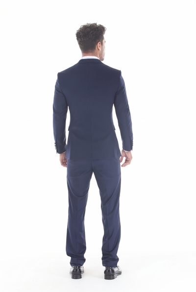 Navy 3-Piece Peak Lapel Tuxedo Suit with Double Breasted Vest and Expandable Pants Slim Fit