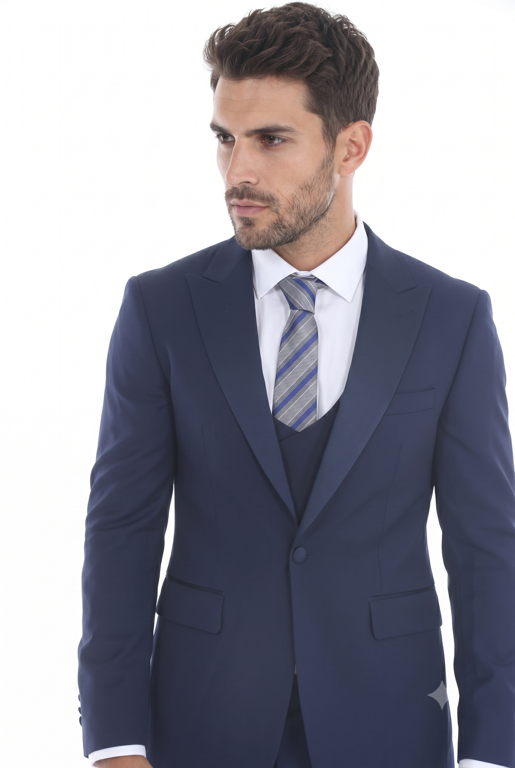 Navy 3-Piece Peak Lapel Tuxedo Suit with Double Breasted Vest and Expandable Pants Slim Fit