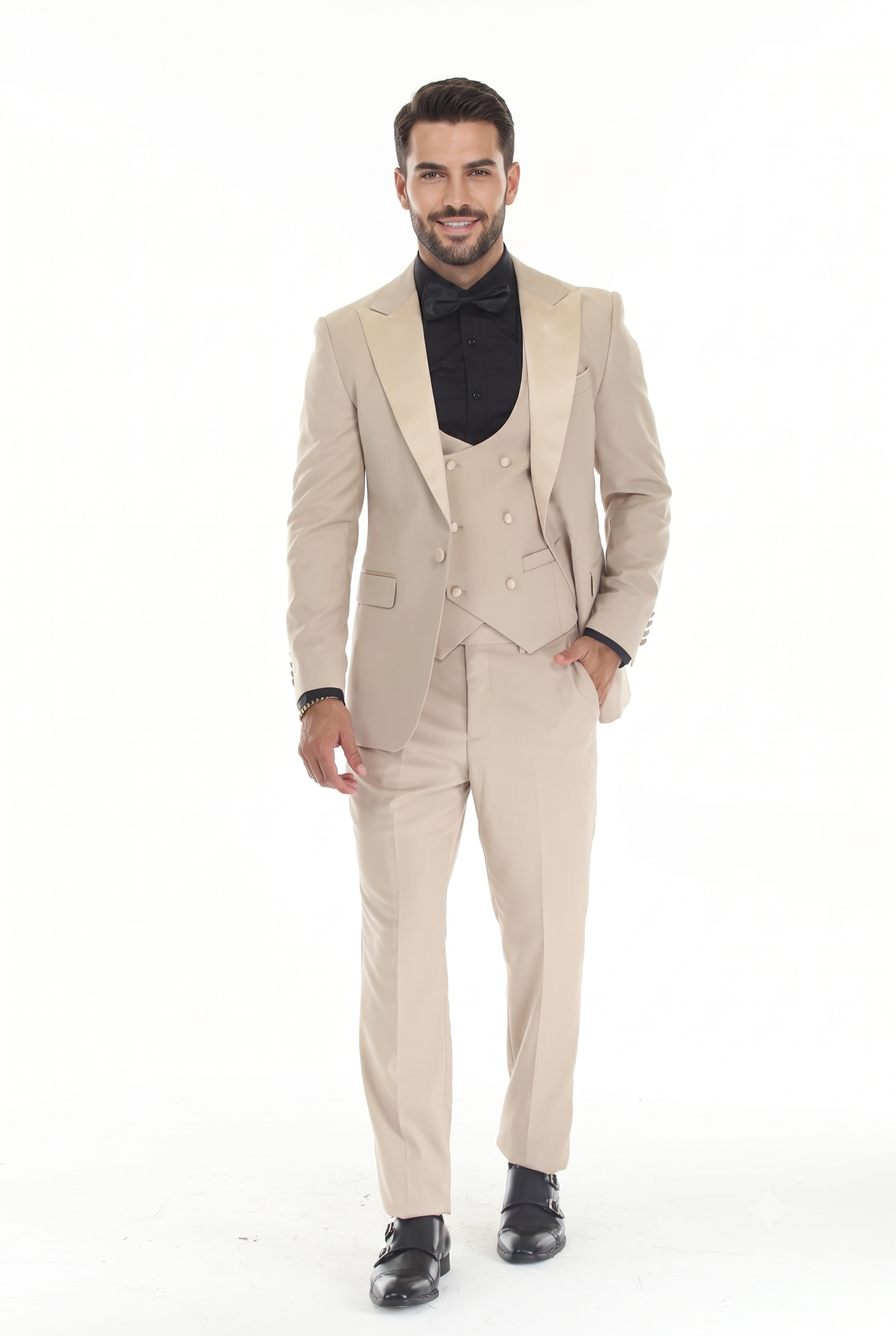 Tan 3-Piece Peak Lapel Tuxedo Suit with Double Breasted Vest and Expandable Pants Slim Fit