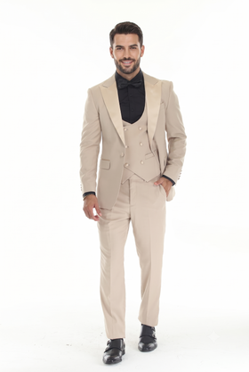 Tan 3-Piece Peak Lapel Tuxedo Suit with Double Breasted Vest and Expandable Pants Slim Fit