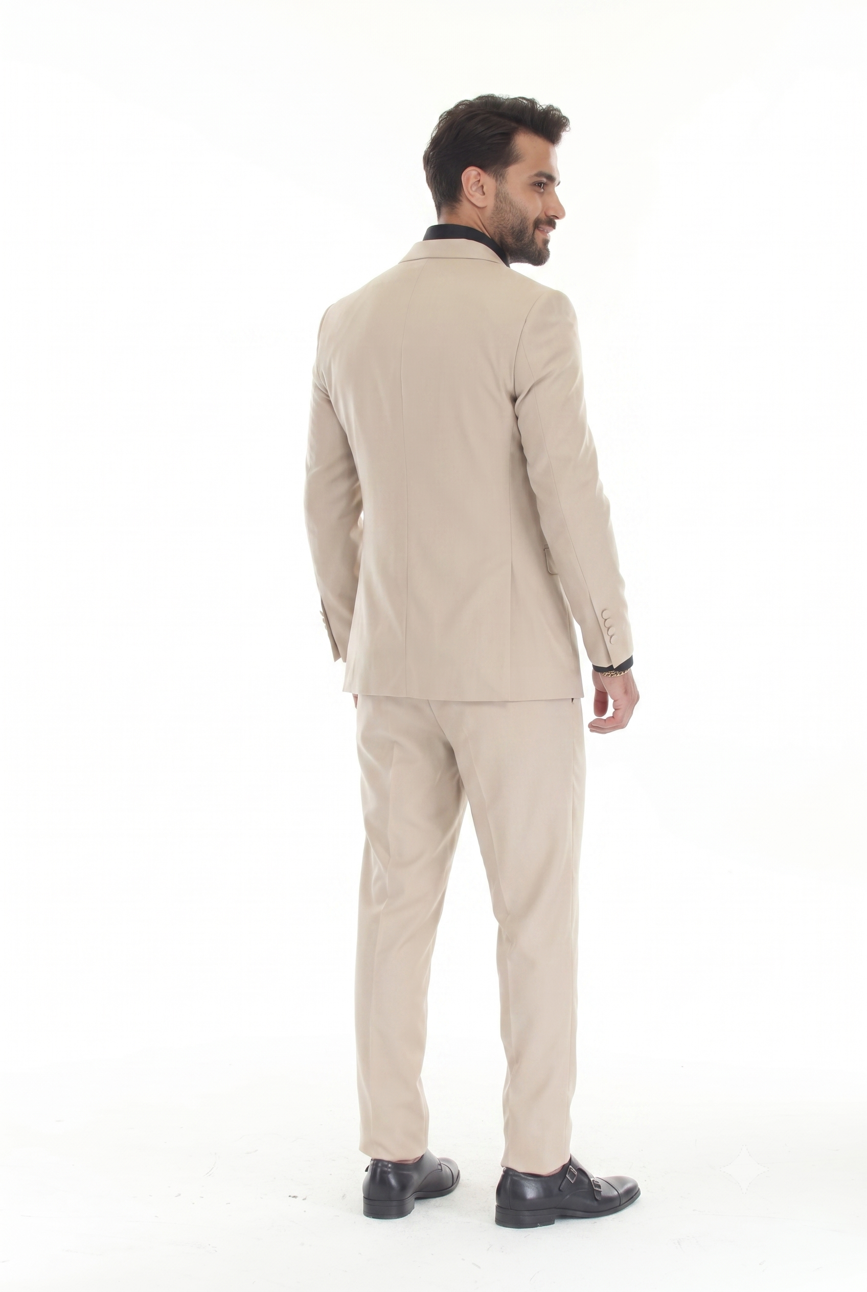 Tan 3-Piece Peak Lapel Tuxedo Suit with Double Breasted Vest and Expandable Pants Slim Fit