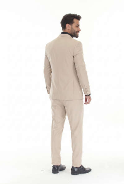Tan 3-Piece Peak Lapel Tuxedo Suit with Double Breasted Vest and Expandable Pants Slim Fit