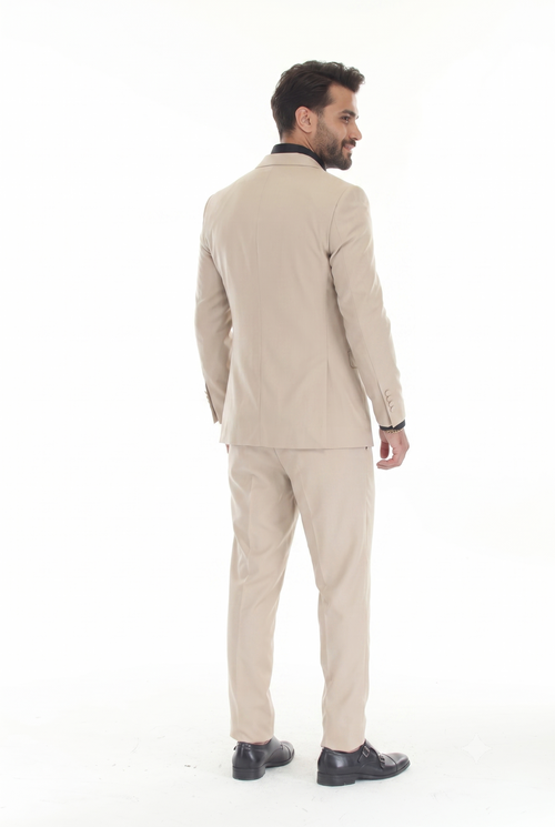 Tan 3-Piece Peak Lapel Tuxedo Suit with Double Breasted Vest and Expandable Pants Slim Fit