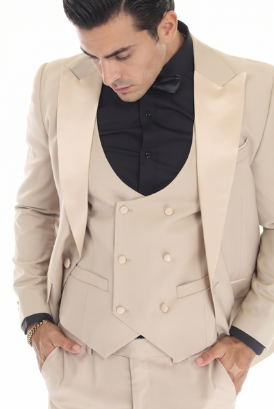Tan 3-Piece Peak Lapel Tuxedo Suit with Double Breasted Vest and Expandable Pants Slim Fit