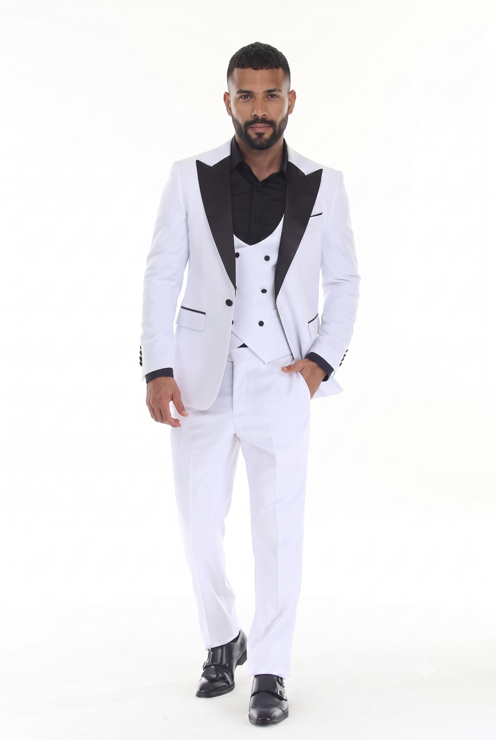 White 3-Piece Peak Lapel Tuxedo Suit with Double-Breasted Vest and Expandable Pants Slim Fit