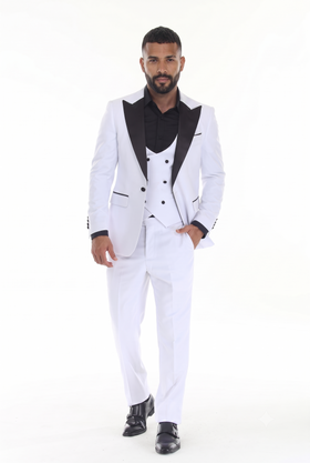 White 3-Piece Peak Lapel Tuxedo Suit with Double-Breasted Vest and Expandable Pants Slim Fit