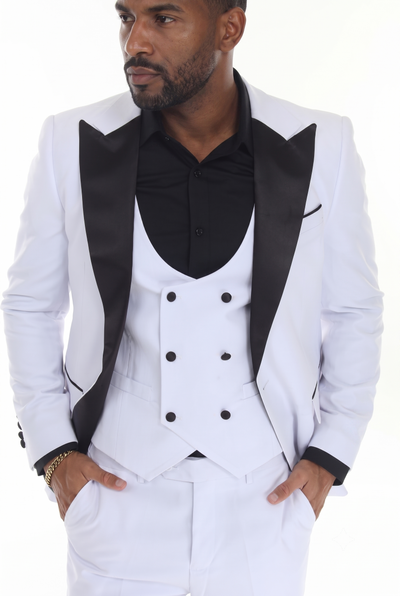 White 3-Piece Peak Lapel Tuxedo Suit with Double-Breasted Vest and Expandable Pants Slim Fit