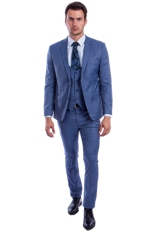 Traje ajustado de dos botones con chaleco de corte bajo para hombre en cuadros azules
