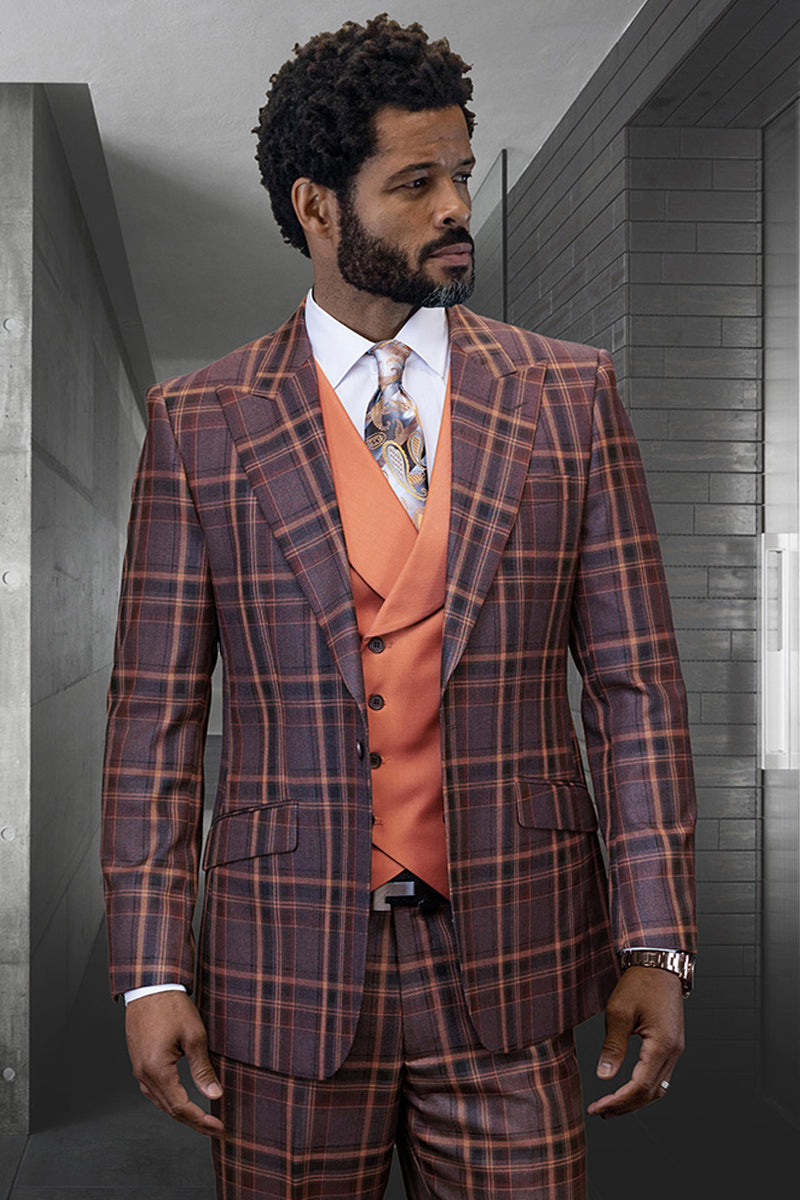 Traje de diseño para hombre de lana con solapa de pico y chaleco en cuadros ventana color coñac cobre