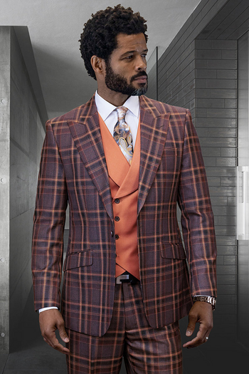 Men's Designer Wool Vested Suit in Copper Cognac Windowpane