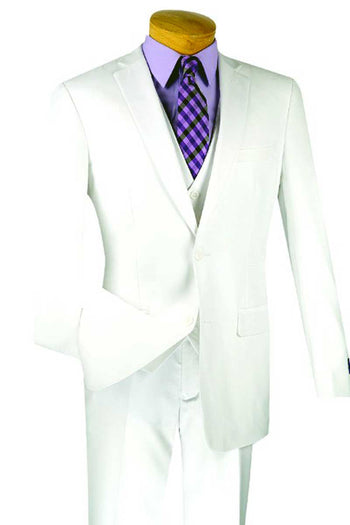 Traje básico de hombre de dos botones con chaleco y corte entallado en blanco
