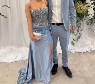 Beaded Corset Satin Evening Gown with High Slit, Sleeveless Formal Prom Dress By Ladivine CD868