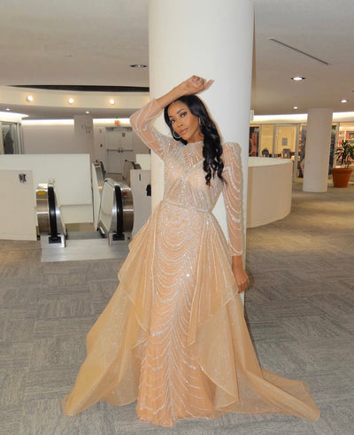 Jovani 44841 Stunning Long Sleeve Mother of Bride Beaded Gown with Overskirt