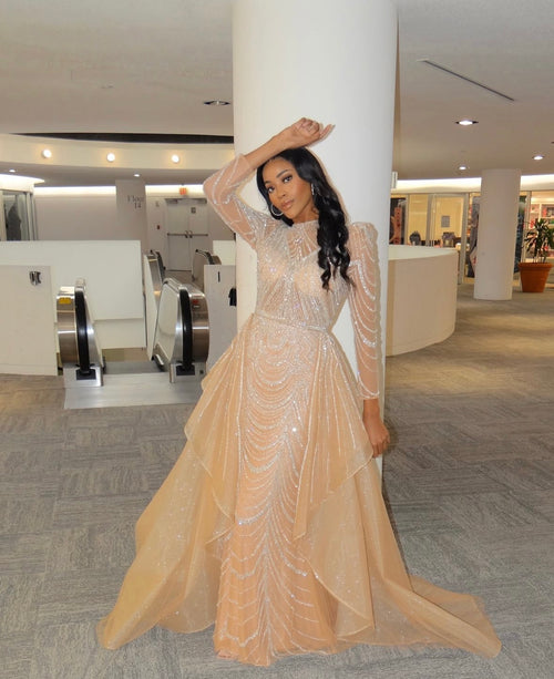 Jovani 44841 Stunning Long Sleeve Mother of Bride Beaded Gown with Overskirt