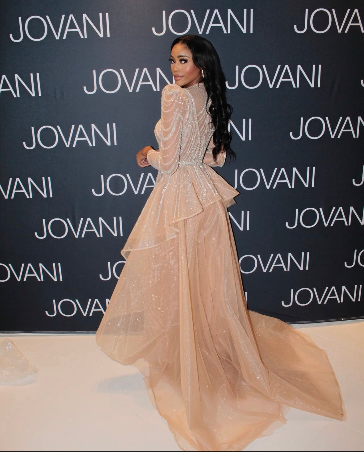 Jovani 44841 Stunning Long Sleeve Mother of Bride Beaded Gown with Overskirt