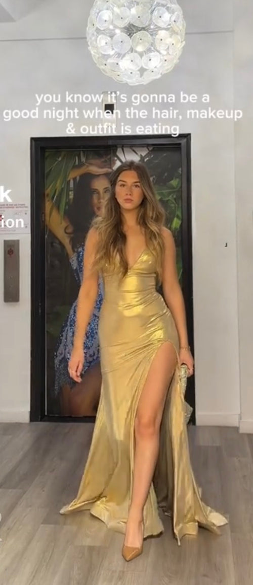 Jovani 43577 Sexy Long Metallic Prom Dress Cut Out Slit Evening Gown
