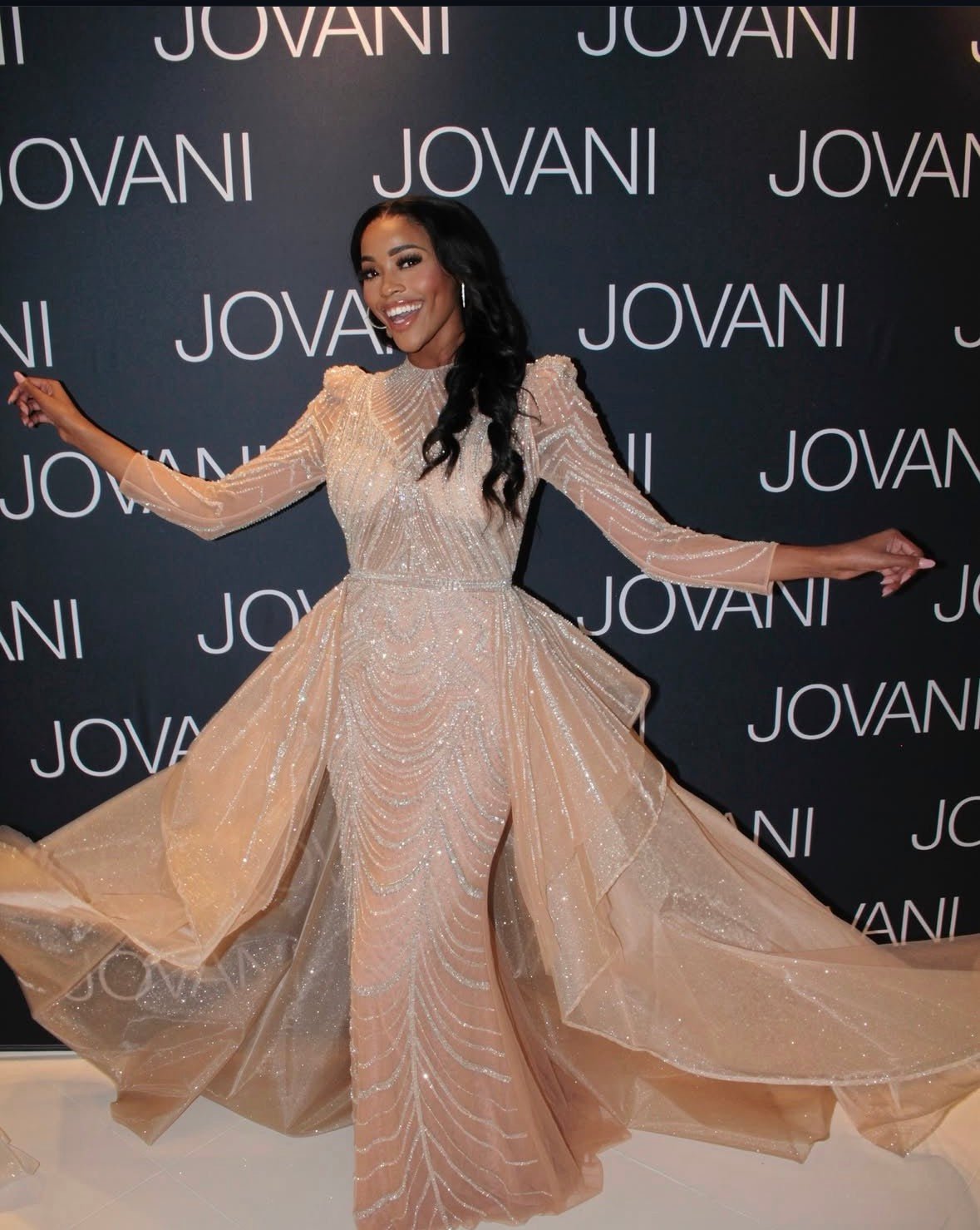 Jovani 44841 Stunning Long Sleeve Mother of Bride Beaded Gown with Overskirt