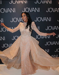 Jovani 44841 Stunning Long Sleeve Mother of Bride Beaded Gown with Overskirt