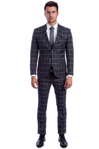 Traje de hombre de corte entallado con chaleco de dos botones en cuadros escoceses grises y blancos llamativos
