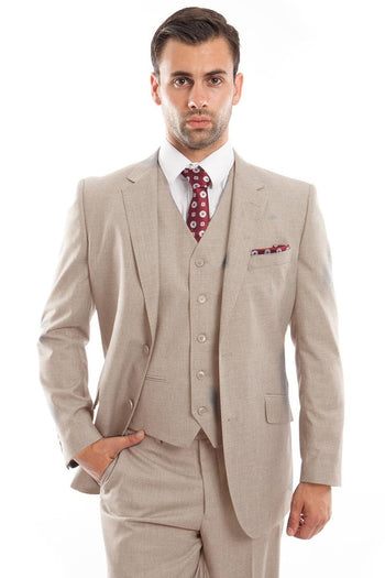 Men's Modern Tan Wool Suit with Vested Style