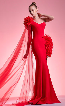 Gaby Charbachy G1211 Red One-Shoulder Ruched Evening Gown