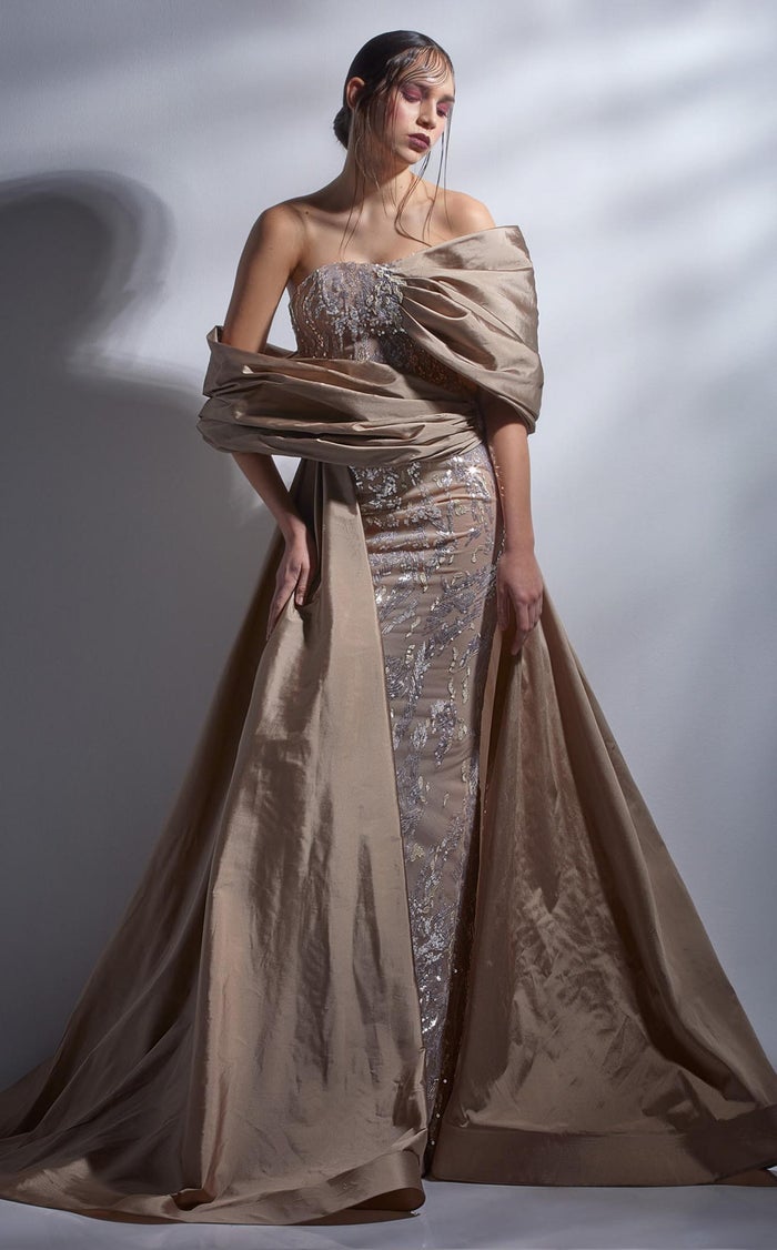 Gaby Charbachi G1265 Gold Glitter A-Line Evening Gown by MNM Couture