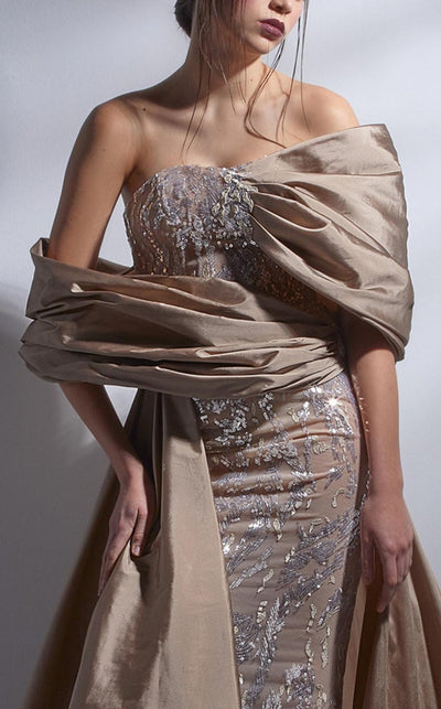 Gaby Charbachi G1265 Gold Glitter A-Line Evening Gown by MNM Couture