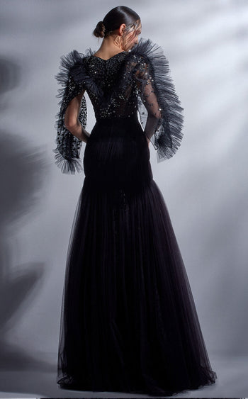 Gaby Charbachy G1275 High Neck Black Glitter A-Line Gown by MNM Couture