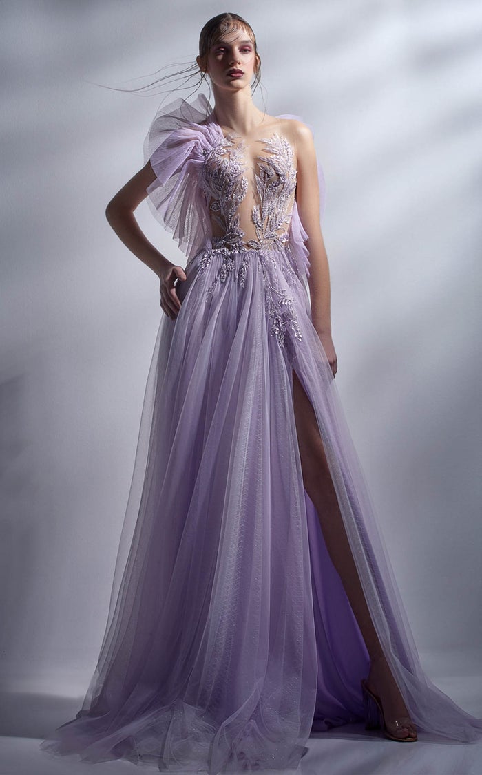 Gaby Charbachi G1284 Lilac Asymmetrical Glitter A-Line Gown by MNM Couture