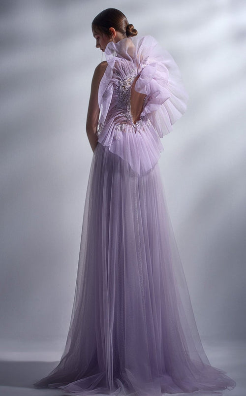 Gaby Charbachi G1284 Lilac Asymmetrical Glitter A-Line Gown by MNM Couture
