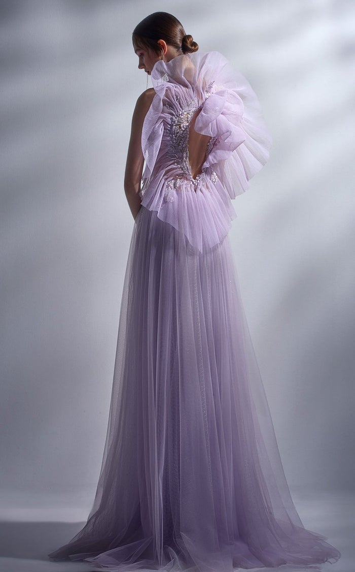 Gaby Charbachi G1284 Lilac Asymmetrical Glitter A-Line Gown by MNM Couture