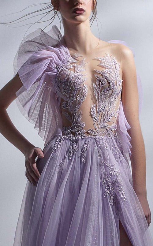Gaby Charbachi G1284 Lilac Asymmetrical Glitter A-Line Gown by MNM Couture