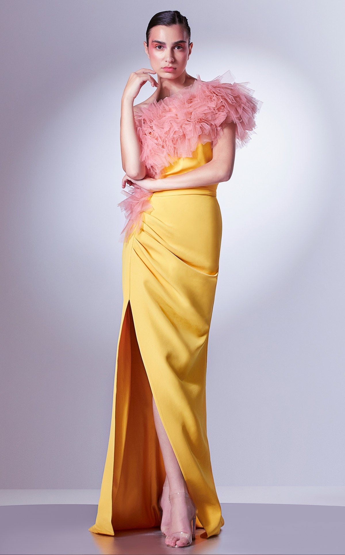Gaby Charbachi G1301 Yellow One-Shoulder Ruffled Gown by MNM Couture