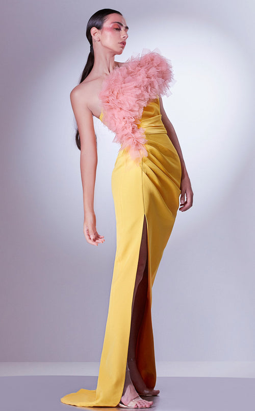 Gaby Charbachi G1301 Yellow One-Shoulder Ruffled Gown by MNM Couture
